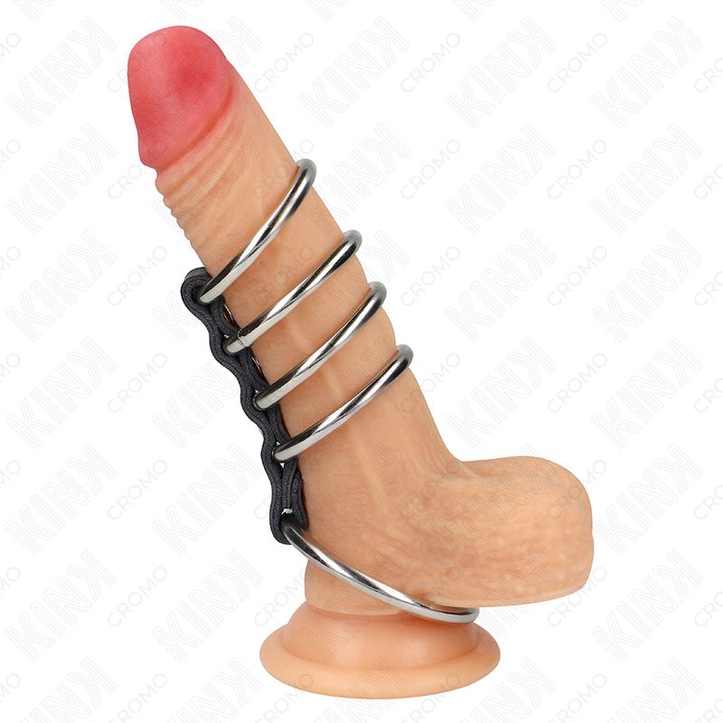 Conjunto de 5 anéis de pênis KINK de metal e couro conectados