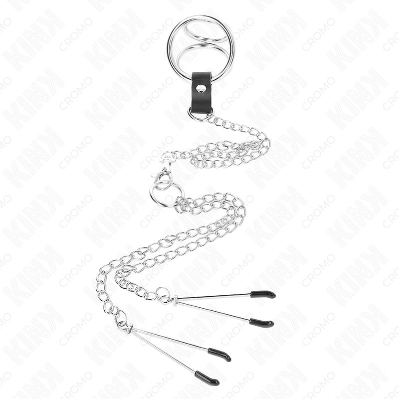 ANEL DE PÊNIS TRIPLO DE METAL CROMADO DE 3,8 CM A 5 CM COM CORRENTE DE METAL DE 26 CM E GRAMPOS DE MAMILOS MODELO 2