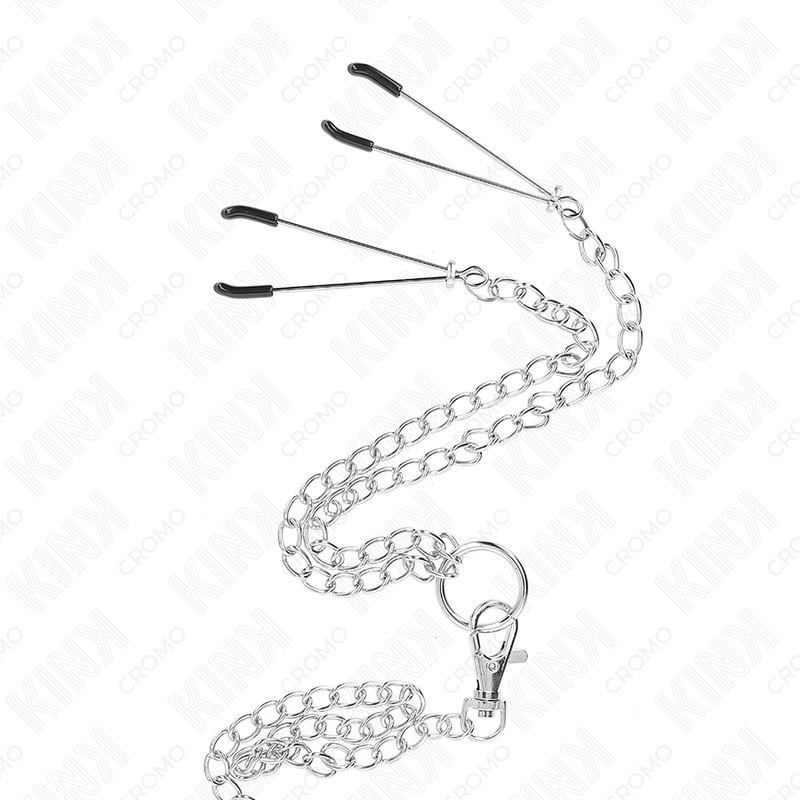 ANEL DE PÊNIS TRIPLO DE METAL CROMADO DE 3,8 CM A 5 CM COM CORRENTE DE METAL DE 26 CM E GRAMPOS DE MAMILOS MODELO 2