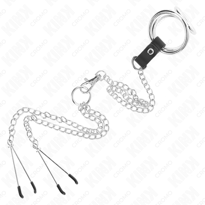 ANEL DE PÊNIS TRIPLO DE METAL CROMADO DE 3,8 CM A 5 CM COM CORRENTE DE METAL DE 26 CM E GRAMPOS DE MAMILOS MODELO 2