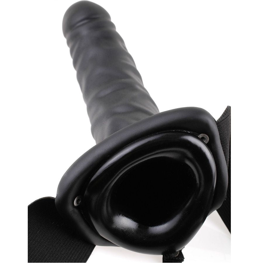 Close-up do Vibrador Oco Strap-On FETISH FANTASY SERIES 20cm com arnês e máscara, detalhando a textura e o design.