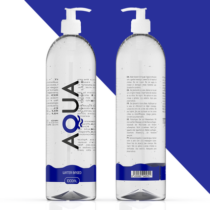 Frasco de Lubrificante Íntimo AQUA QUALITY à Base de Água de 1000 ML, mostrando a embalagem transparente e o líquido sedoso.