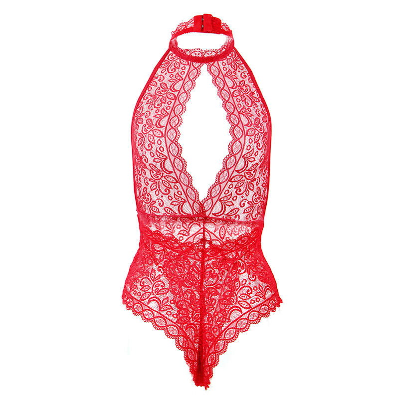 Detalhe do Body Open Cup Vermelho S/M da SUBBLIME, realçando o design sensual e a qualidade do tecido.