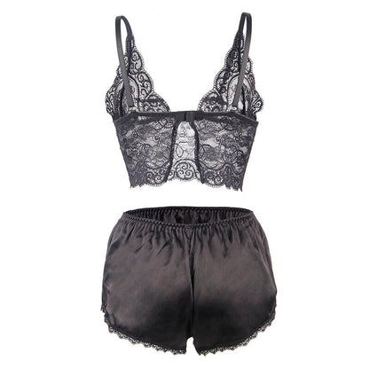 SUBBLIME Conjunto Lingerie Camisola e Calcinha de Seda e Renda Preta S/M