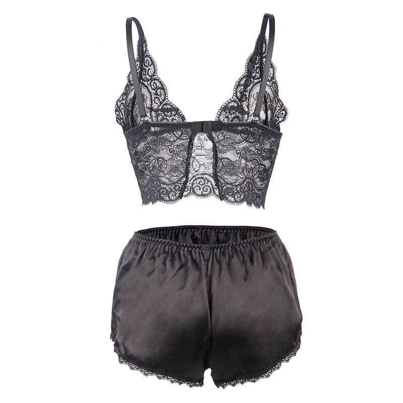 SUBBLIME Conjunto Lingerie Camisola e Calcinha de Seda e Renda Preta S/M