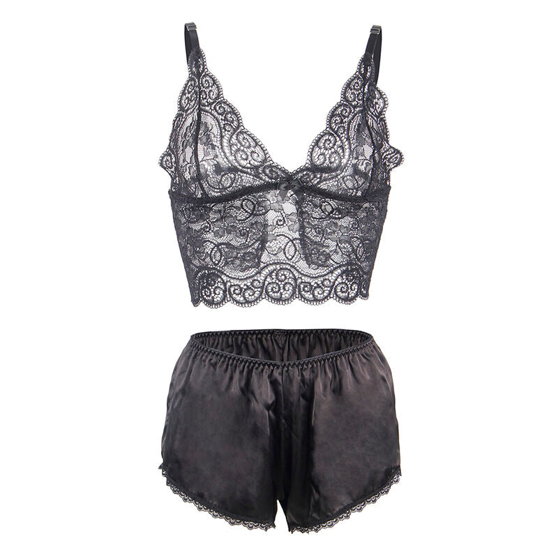 Camisola de Seda e Renda SUBBLIME com calcinha preta, mostrando o design e a textura do tecido.