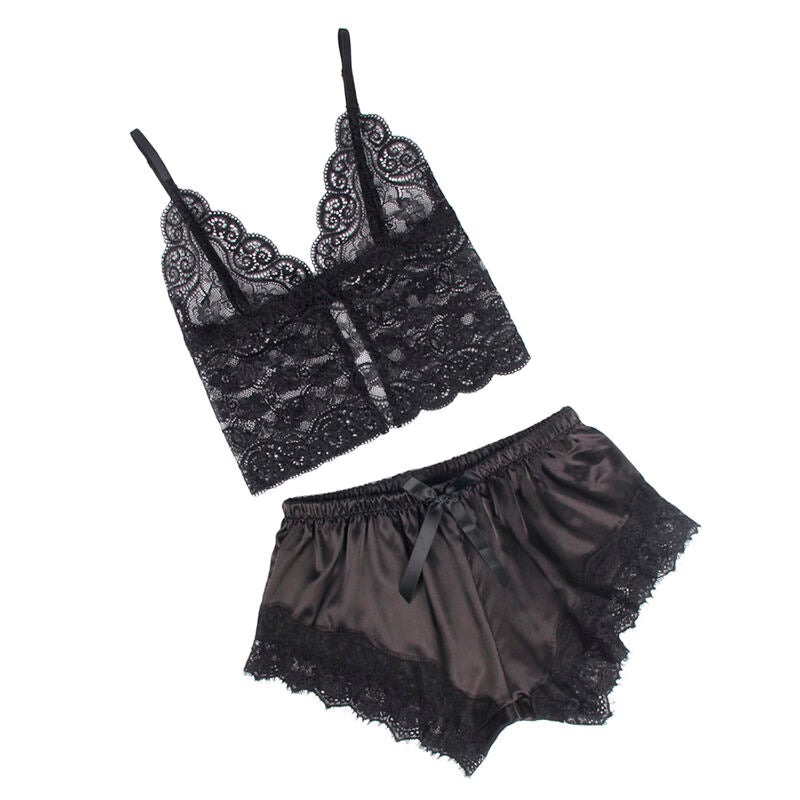 Subblime Camisola de Seda e Calça de Renda Preta S/M, conjunto de lingerie sensual e confortável.