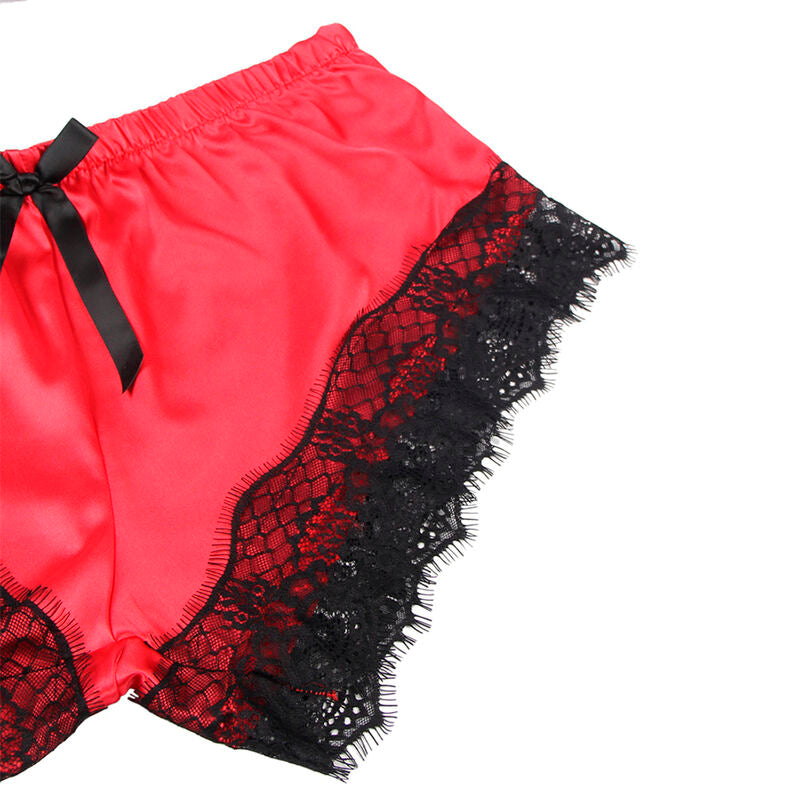 Conjunto Lingerie SUBBLIME Camisola de Seda e Calça de Renda Preto/Vermelho S/M