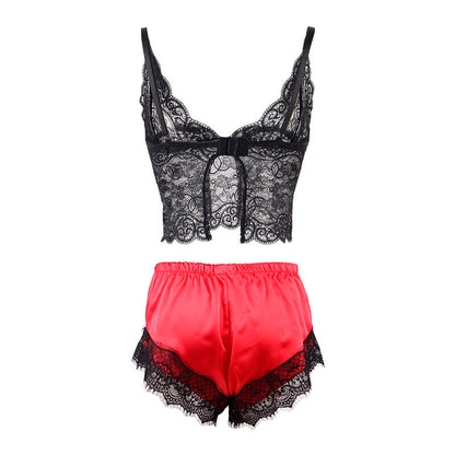 Conjunto Lingerie SUBBLIME Camisola de Seda e Calça de Renda Preto/Vermelho S/M