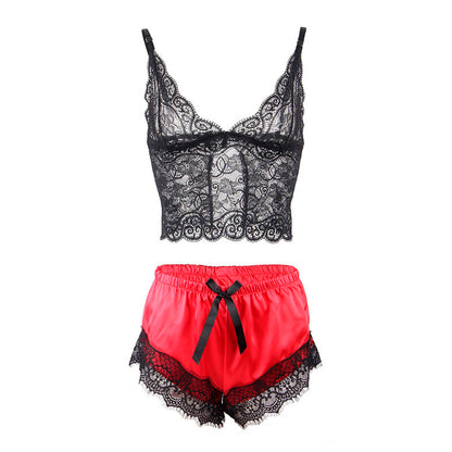 Conjunto Lingerie SUBBLIME Camisola de Seda e Calça de Renda Preto/Vermelho S/M