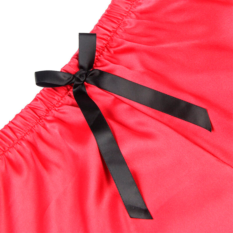 Close-up do Conjunto de Lingerie SUBBLIME Camisola de Seda e Calça de Renda Preta/Vermelha L/XL, destacando a textura da seda e os detalhes da renda.