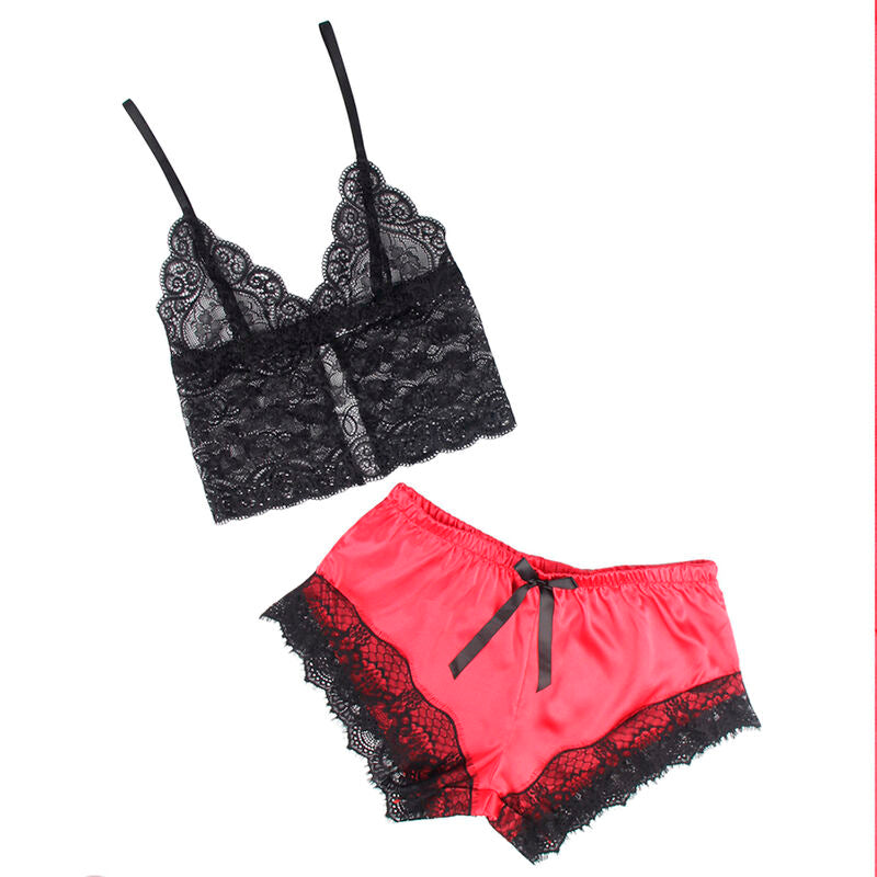 Close-up do Conjunto de Lingerie SUBBLIME Camisola de Seda e Calça de Renda Preta/Vermelha L/XL, destacando a textura da seda e os detalhes da renda.