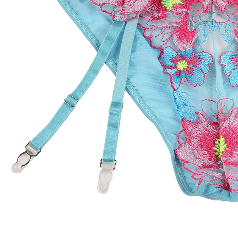 SUBBLIME Conjunto de Lingerie Sutiã Calcinha Cinto-Liga Floral Azul S/M em detalhe