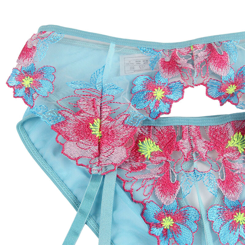 SUBBLIME Conjunto de Lingerie Sutiã Calcinha Cinto-Liga Floral Azul S/M em detalhe