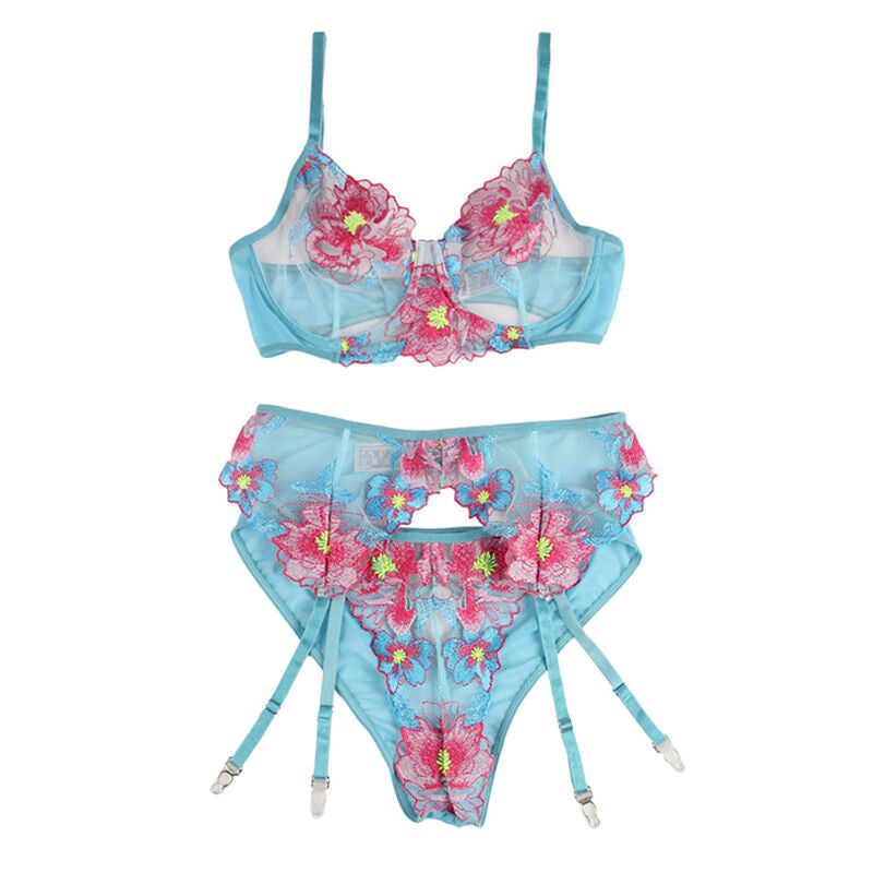 SUBBLIME Conjunto de Lingerie Sutiã Calcinha Cinto-Liga Floral Azul S/M em detalhe