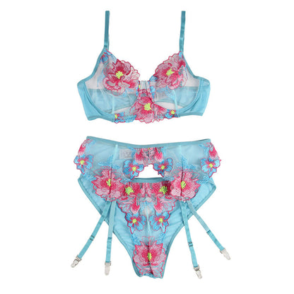 SUBBLIME Conjunto de Lingerie Sutiã Calcinha Cinto-Liga Floral Azul S/M em detalhe