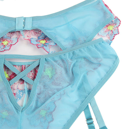 SUBBLIME Conjunto de Lingerie Sutiã Calcinha Cinto-Liga Floral Azul S/M em detalhe