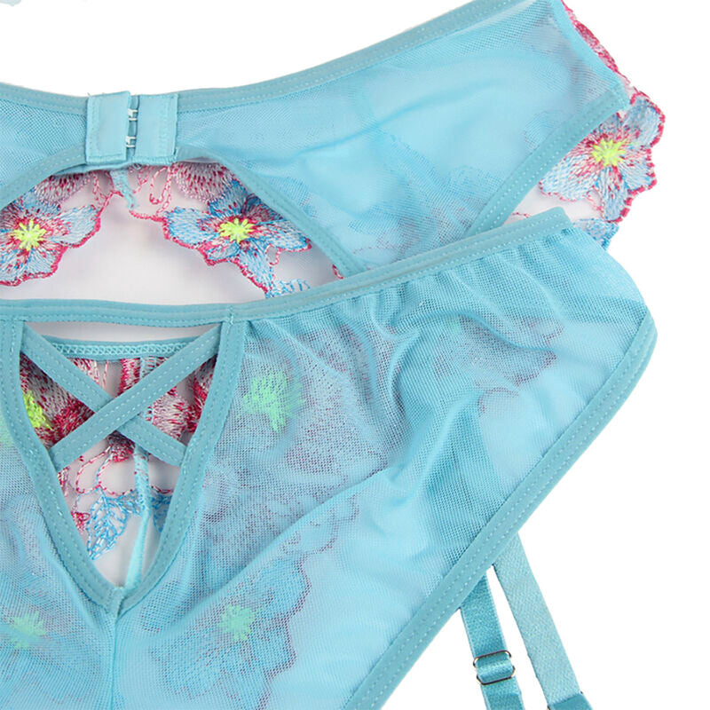 Conjunto de lingerie floral azul SUBBLIME com sutiã, calcinha e cinto-liga.