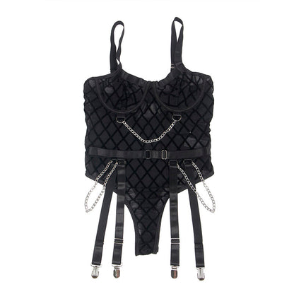 Body SUBBLIME com correntes e cinto-liga preto L/XL, detalhe de design e material.