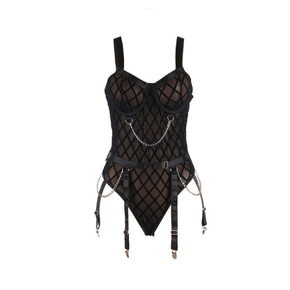 Body SUBBLIME com correntes e cinto-liga preto L/XL, detalhe de design e material.