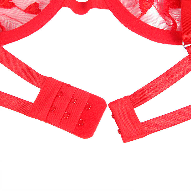 Close-up do Conjunto Lingerie Subblime 3 Peças Coração Vermelho S/M mostrando detalhes da estampa e do tecido.