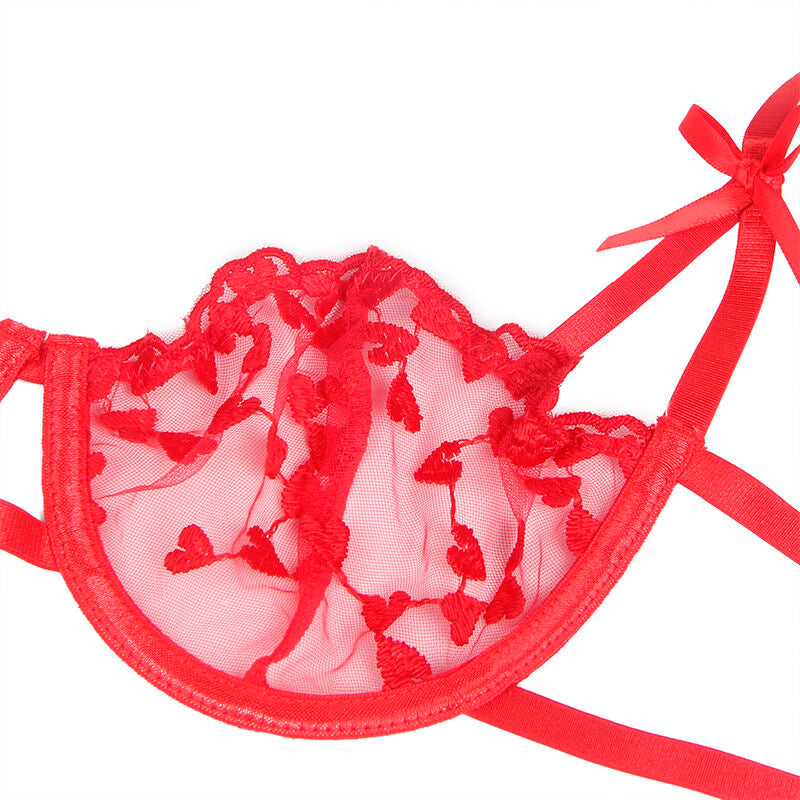 Conjunto de Lingerie SUBBLIME Vermelho com Sutiã, Tanga e Cinto-Liga e estampa de coração
