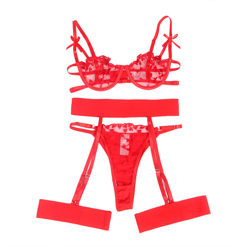 Conjunto de Lingerie SUBBLIME Vermelho com Sutiã, Tanga e Cinto-Liga e estampa de coração
