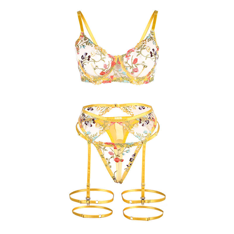 Close-up do Conjunto Lingerie SUBBLIME Floral Amarelo S/M, mostrando o sutiã, tanga e cinto-liga com detalhes florais.