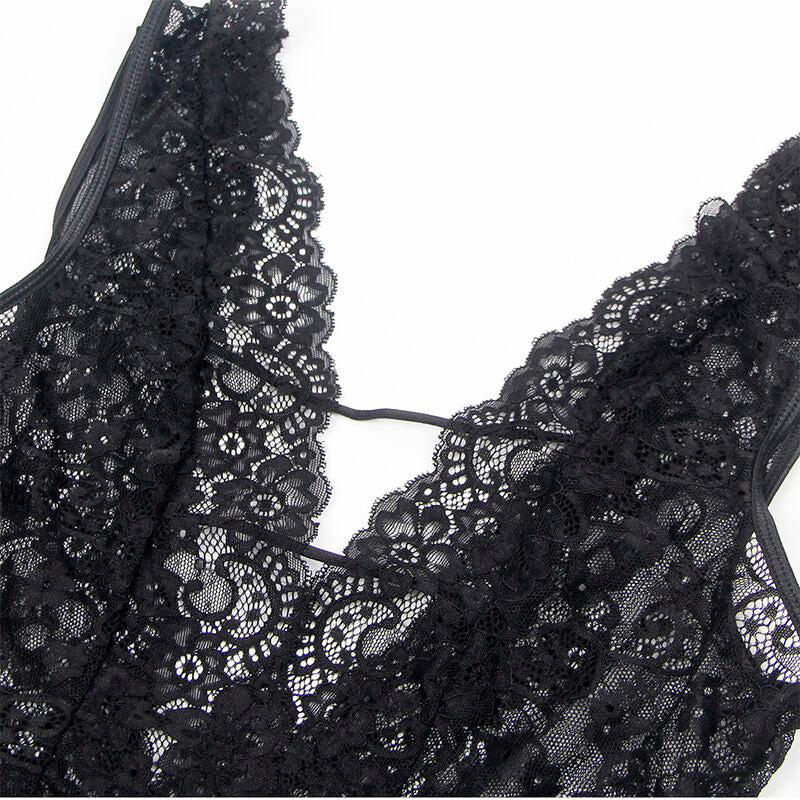 Close-up do Body Sexy Subblime com Cinta-Liga Preto S/M, mostrando detalhes do tecido e design.