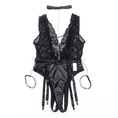 Close-up do Body Sexy Subblime com Cinta-Liga Preto S/M, mostrando detalhes do tecido e design.