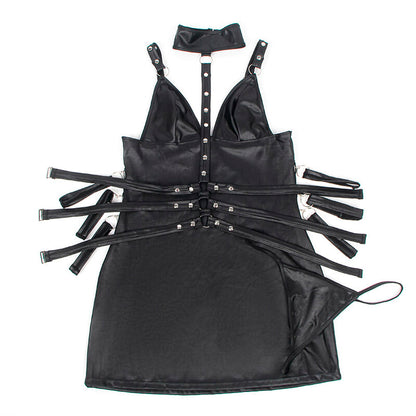Vestido Bondage de Couro Preto S/M da Subblime, exibindo design elegante e detalhes de bondage.