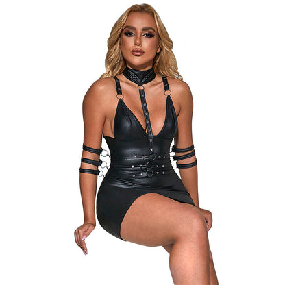 Vestido Bondage de Couro Preto S/M da Subblime, exibindo design elegante e detalhes de bondage.
