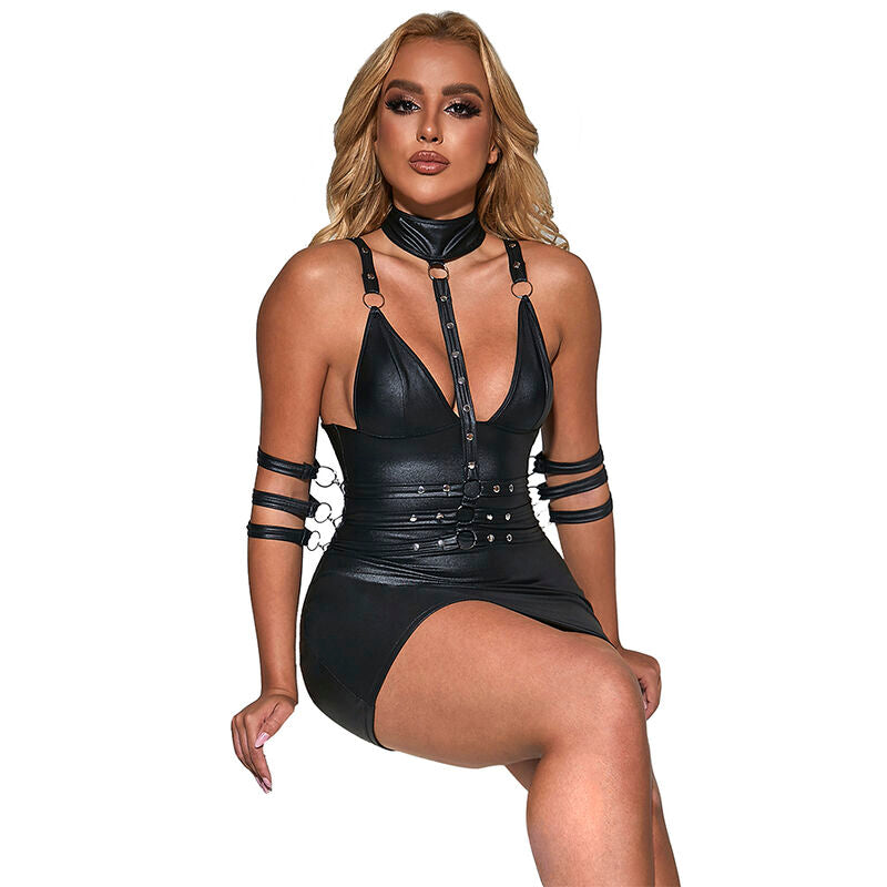 Vestido Bondage de Couro Preto S/M da Subblime, exibindo design elegante e detalhes de bondage.