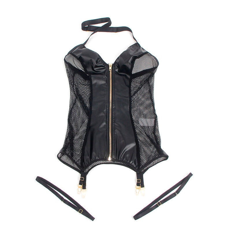 Vestido sexy SUBBLIME de malha com efeito couro preto, mostrando o design e a textura do tecido.