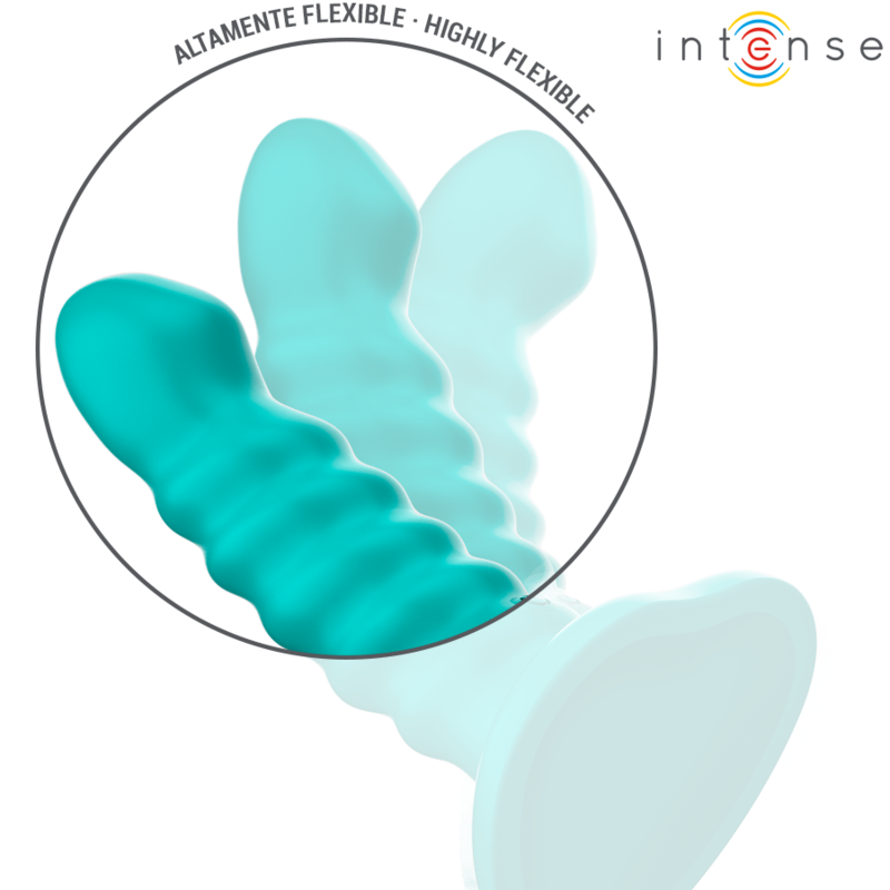 Close-up of the INTENSE Vibrador Buffy Tamanho P with Spiral Design and Remote Control, in blue.