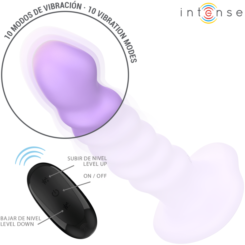 Vibrador INTENSE Brenda M Roxo com design espiral, 10 vibrações e controle remoto.