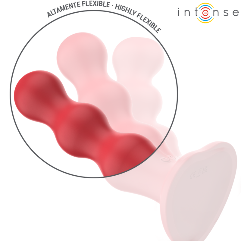 Vibrador Intense Cody Vermelho com ventosa e controle remoto, exibindo seu design texturizado de concha.
