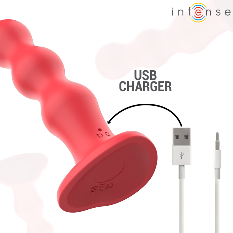 Vibrador Intense Cody Vermelho com ventosa e controle remoto, exibindo seu design texturizado de concha.