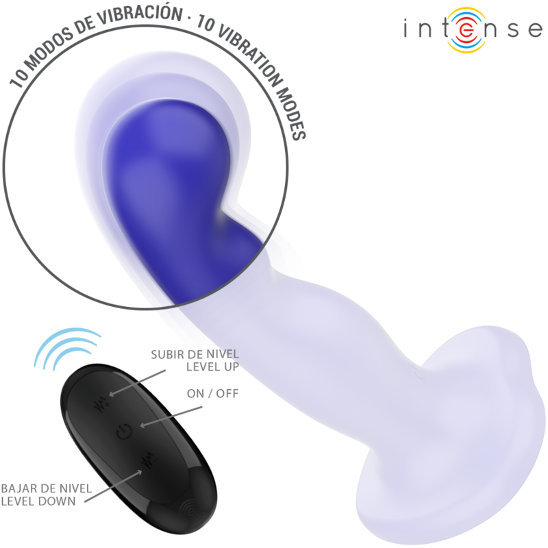 INTENSE Vibrador Shorty com Ventosa Azul e Controlo Remoto, mostrando a textura e o design flexível.