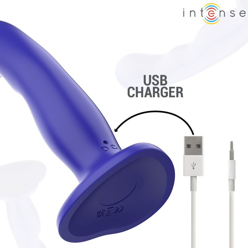 INTENSE Vibrador Shorty com Ventosa Azul e Controlo Remoto, mostrando a textura e o design flexível.