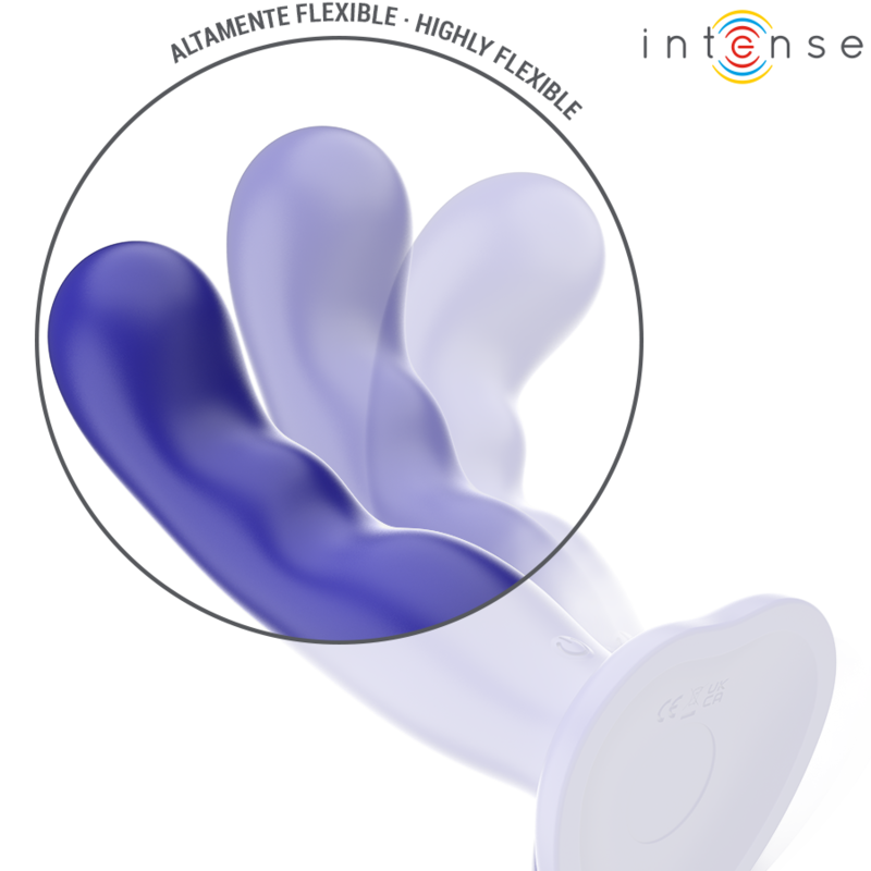 INTENSE Vibrador Shorty com Ventosa Azul e Controlo Remoto, mostrando a textura e o design flexível.