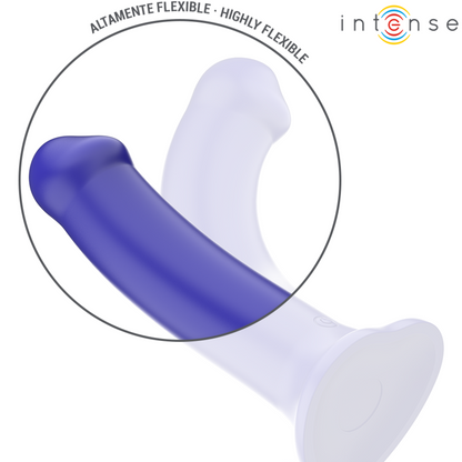 Close-up do Vibrador Intense Victoria azul escuro com ventosa e controle remoto, exibindo o design ergonômico e material de silicone macio.
