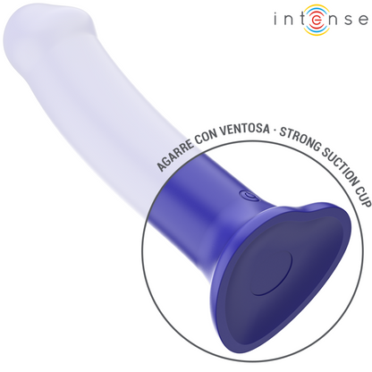 Close-up do Vibrador Intense Victoria azul escuro com ventosa e controle remoto, exibindo o design ergonômico e material de silicone macio.