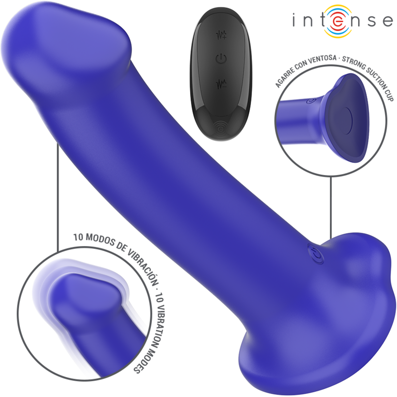 Close-up do Vibrador Intense Victoria azul escuro com ventosa e controle remoto, exibindo o design ergonômico e material de silicone macio.
