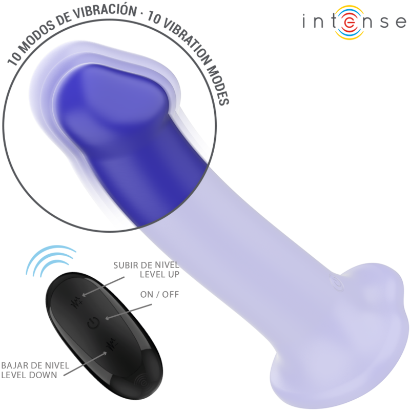 Close-up do Vibrador Intense Victoria azul escuro com ventosa e controle remoto, exibindo o design ergonômico e material de silicone macio.