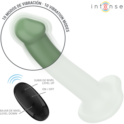 Vibrador INTENSE Becca verde com ventosa e controle remoto, exibindo seu design ergonômico.