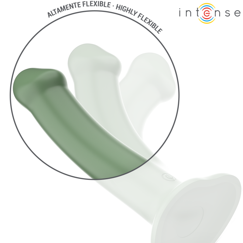 Vibrador INTENSE Becca verde com ventosa e controle remoto, exibindo seu design ergonômico.