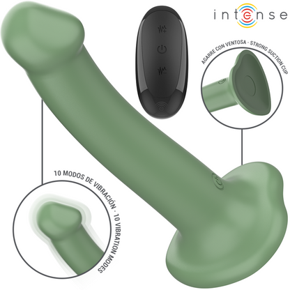 Vibrador INTENSE Becca verde com ventosa e controle remoto, exibindo seu design ergonômico.