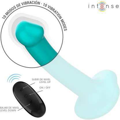 INTENSE Vibrador Katie com Ventosa e Controlo Remoto em azul, mostrando seu design ergonómico e material de silicone.