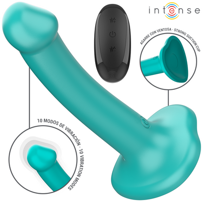 INTENSE Vibrador Katie com Ventosa e Controlo Remoto em azul, mostrando seu design ergonómico e material de silicone.